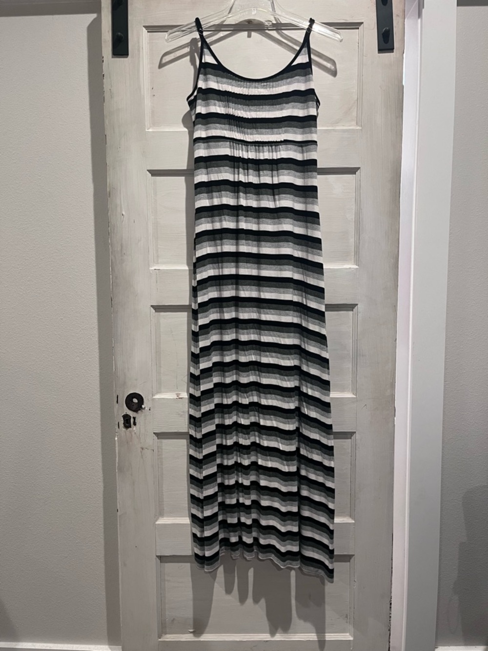Calvin Klein Black, Gray and White Striped Maxi Dress
